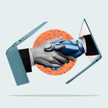 Humano e IA dando um aperto de mãos